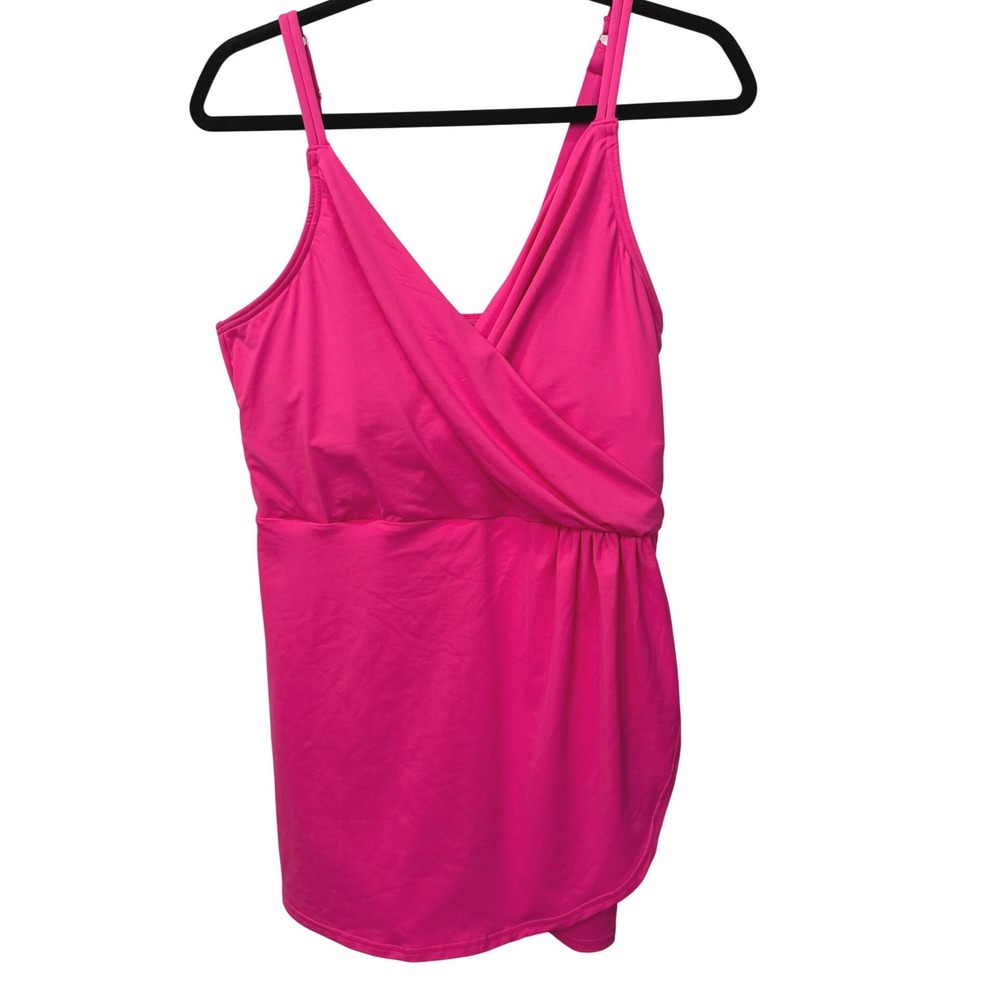 Lands End V Neck Tulip Wrap Swim Dress One Piece Shelf Bra Fuschia LP 14 16 - Picture 15 of 15